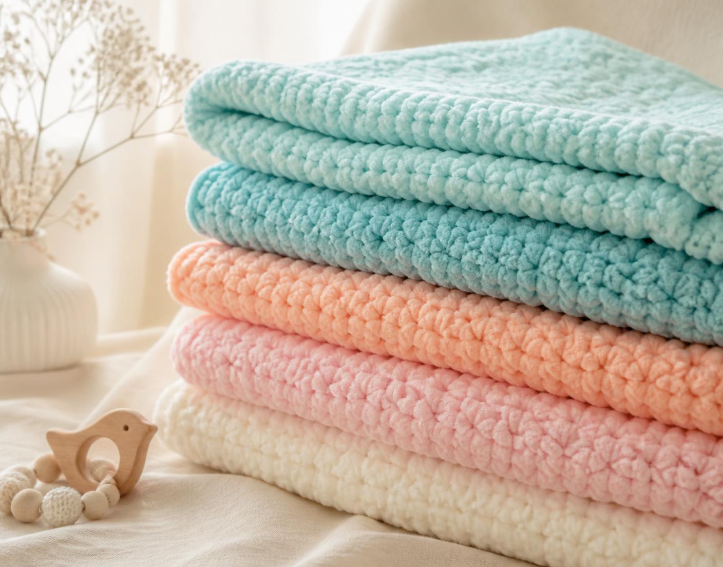Stack of pastel chunky crocheted blankets in aqua, teal, peach, pink and ivory